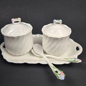Hankook Bone China Sugar Creamer Set with Tray and Spoons White Floral 5pc 1988